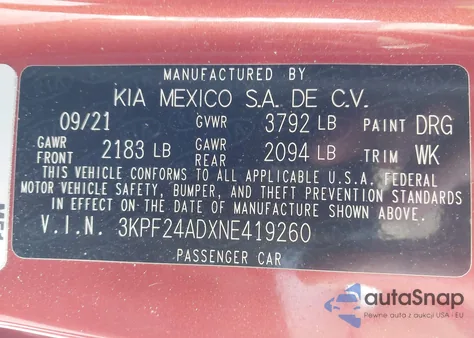 2022 Kia Forte Lxs z USA, uszkodzony, nr VIN 3KPF24ADXNE419260